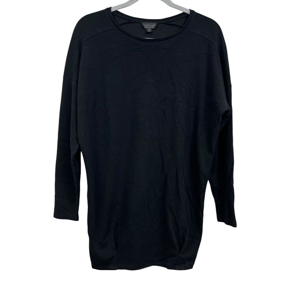 Topshop Womens Tunic Top Crew Neck Long Sleeves Cinched Pleated Hem Black SZ 6*